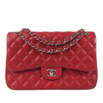 Chanel Pre-owned Womens Jumbo Classic Lambskin Double Flap - Poppy Leather - One Size