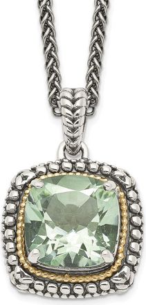 Diamond2Deal Sterling Silver with 14K Accent Cushion Green Quartz Pendant Necklace