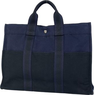 Herm&egrave;s Black Navy Canvas Handbag Tote Bag (Pre-Owned)