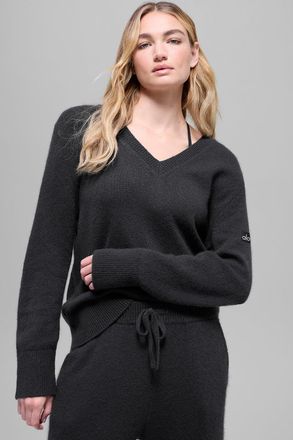 Alo | Wool Cashmere New Class Oversized V-Neck Sweater Top in Black, Size: Medium