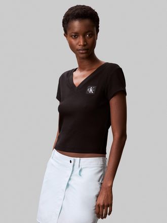 Calvin Klein Jeans T-Shirt CALVIN KLEIN JEANS A- SS WOVEN LABEL RIB VNECK TEE, Damen, Gr. XXL (46), schwarz, Rippware, Obermaterial: 95% Baumwolle, 5% Elasthan, unifarbe