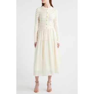 ZOE AND CLAIRE Mixed Media Long Sleeve Scallop Stitch Tiered Midi Dress in Ivory at Nordstrom, Size X-Large