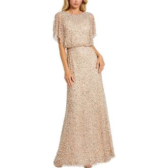 Mac Duggal Beaded Mesh Gown With Shawl in Nude Gold at Nordstrom, Size 16