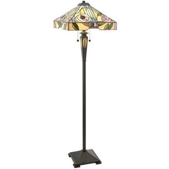 Loops 1.5m Tiffany Twin Floor Lamp Dark Bronze & Stained Glass Roses Shade i00029 in Clear