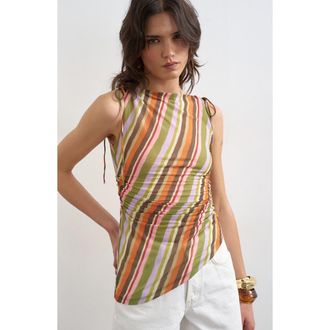 Topshop Stripe Ruched Tie Shoulder Asymmetric Hem Top in Orange at Nordstrom, Size X-Small