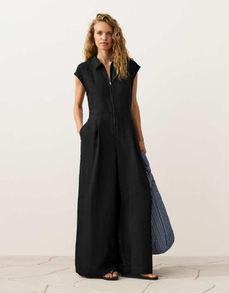 Oysho Tuta jumpsuit lunga in cotone nera con colletto-Nero