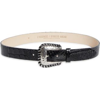 L'agence Brisa Laced Croc Embossed Leather Belt in Black Croc Embossed at Nordstrom, Size X-Large