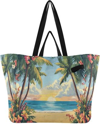 Generic Palm Flower Sunset Yellow print Reusable Canvas Tote Bag, Heavy Duty Grocery Shopping Bag with Double Handles Large Capacity Hard Bottom Work Grocerie