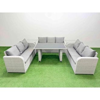 Fimous Patio Garden Furniture Sets with Black Glass Top Dining Table 3 Seater Sofa 2 Side Tables Light Grey - Fimous
