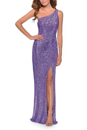 La Femme Long Sequin One Shoulder Ruched Prom Dress in Lavender at Nordstrom, Size 12