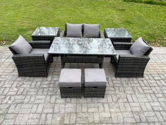Fimous 6 Seater PE Wicker Outdoor Garden Furniture Set Patio Furniture Rattan Rectangular Dining Table Lounge Sofa in Dark Grey