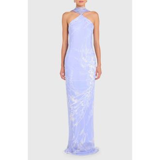 Amanda Uprichard Ashton Halter Scarf Neck Column Gown in English Lavender at Nordstrom, Size X-Large