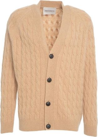 Amaranto Beige Cable Knit Cardigan With Deep V-Neck And Button Closure