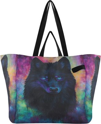 Generic Black Wolf Colorful pattern Reusable Canvas Tote Bag, Heavy Duty Grocery Shopping Bag with Large Capacity Hard Bottom Double Handles Work Groceries Tr