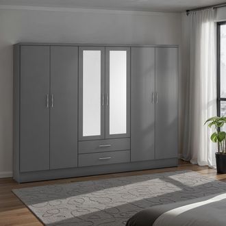 Seconique Nevada 6 Door 2 Drawer Mirrored Wardrobe in Dark Grey