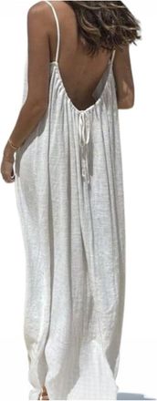 Generic Womens Solid Color Backless Dress Summer Open Back Spaghetti Strap Maxi Dresses Casual Flowy Dress White