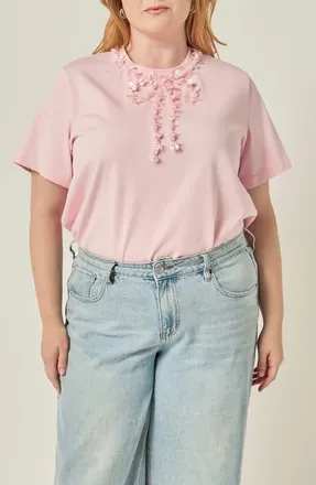 English Factory Beaded Bow T-Shirt in Light Pink at Nordstrom, Size 3X
