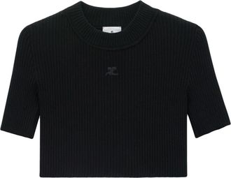 Courr&egrave;ges cropped ribbed-knit T-shirt - women - Polyester/Viscose - M - Black