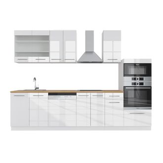 Vicco Mueble De Cocina Fame-line, Blanco Alto Brillo/blanco, 300 Cm Con Armario Alto, Et Roble