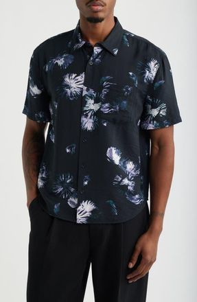 Open Edit Floral Print Relaxed Short Sleeve Button-Up Shirt in Black Illuminated Blooms at Nordstrom, Size Xx-Large
