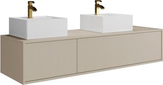 Vente-Unique Mueble de ba&ntilde;o flotante color beige con doble lavabo cuadrado - L150 cm - ISAURE II