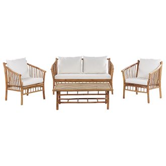 Beliani Conjunto De Jard&iacute;n 4 Plazas De Madera De Bamb&uacute; Clara Blanco Cojines Maggiore