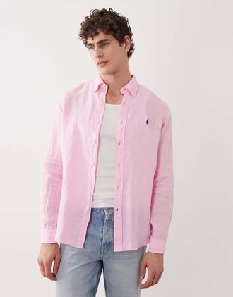 Polo Ralph Lauren Camicia di lino a maniche lunghe rosa con logo