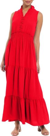 London Times Ruffled Smocked Tiered Maxi Dress in Arresting Scarlet at Nordstrom Rack, Size 14