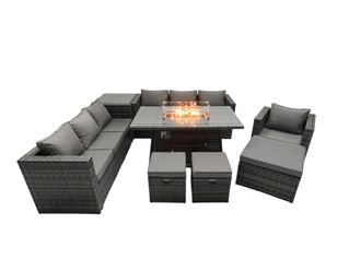Fimous Rattan Garden Furniture Firepit Dining Set 10 Seater Lounge Sofa Table Set with side table 3 Footstool in Dark Grey