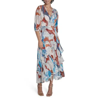 Calvin Klein Chiffon Puff Sleeve Faux Wrap Dress In Oxford Multi