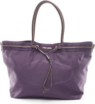 Prada Brown Purple Nylon Patent Leather Handbag Tote Bag (Pre-Owned)