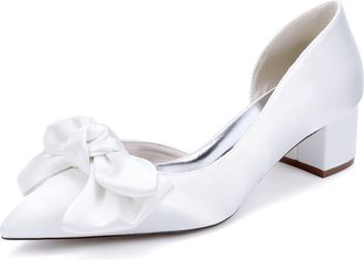 Generic Womens Satin Bridal Wedding Pumps Pointed Toe Block Heel Bridal Low Heels Style Bow Bridesmaid Shoes 4.5Cm,White,10 UK