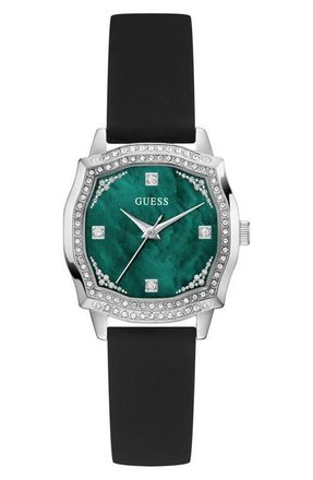 Guess Liv Mother-of-Pearl Silicone Strap Watch, 32mm in Black at Nordstrom