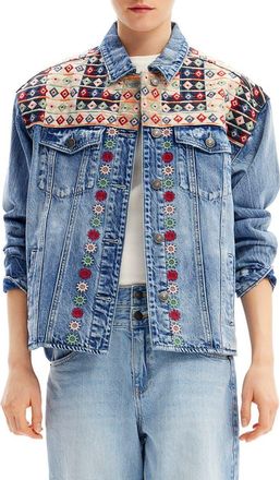 Desigual Embroidered Denim Trucker Jacket in Blue at Nordstrom, Size Large