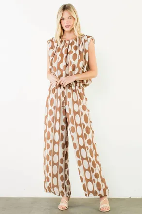 THML Clothing Circle Print Bubble Top In Brown/beige