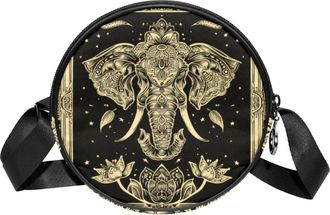 Generic Circle Crossbody Bag for Women, Lotus Ethnic Elephant Small Sling Bag Daypack with Zipper Adjustable Shoulder Straps Casual Ladies Girls Round Purse