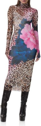 AFRM Shailene Long Sleeve Mesh Midi Dress in Animal Block Peony at Nordstrom, Size X-Small