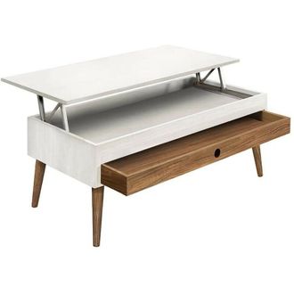 HOGAR 24 Hogar24 - Mesa Centro Elevable Caj&oacute;n Deslizante Madera Maciza Color Blanco Y Encerado, Pata C&oacute;nica