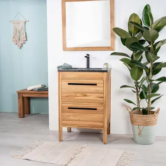 Wanda Collection Mueble De Ba&ntilde;o En Teca Y Terrazo Negro Sira 60cm