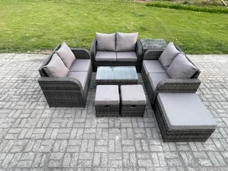 Fimous Outdoor Garden Furniture Sets 9 Seater Wicker Rattan Furniture Sofa Sets with Rectangular Coffee Table Love Sofa 3 Footstools Side Table