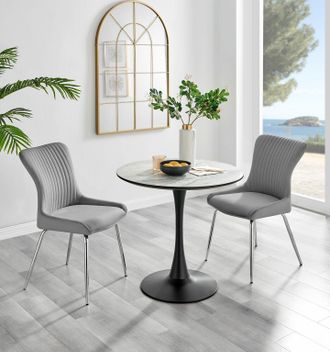 Furniturebox Elina White Marble Effect Scratch Resistant Dining Table & 2 Nora Silver Leg Velvet Chairs in Light Grey