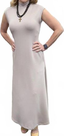 Entro Solid Cap Sleeve Mock Neck Midi Dress In Beige