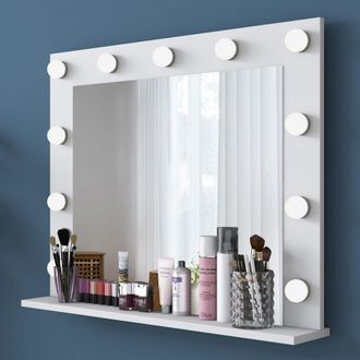 Dmora Espejo Stor, Con Estante Y Bombillas, Rectangular, De Pared, 90x72h Cm Blanco
