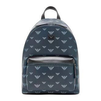 Emporio Armani Backpacks, unisex, Blue, Size: ONE SIZE Backpack in Coated Canvas with All-over Eagle