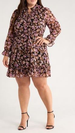 CeCe by Cynthia Steffe Floral Print Tie Waist Long Sleeve Dress in Rich Black at Nordstrom Rack, Size 16W