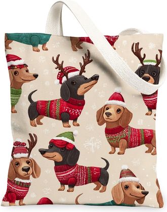 Generic Christmas Dogs Canvas Tote Bags, Cute Animal Pattern Reusable Grocery Bags, Holiday Lightweight Washable Shoulder Strap Can, Beige, 13x15 Inch