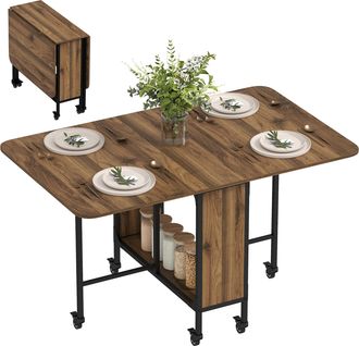 OEM Mesa De Cocina Plegable Con Ruedas Alas Abatibles Y Estante Mesa Plegable Para Sal&oacute;n 130x80x74 Cm Marr&oacute;n