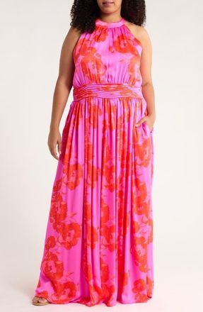 Sugarlips Lailah Floral Balboa Landy Halter Neck Maxi Dress in Magenta-Red at Nordstrom, Size 2X