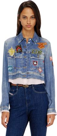 Diesel Cropped satin shirt with trompe-loeil denim print - Shirts - Woman - Blue