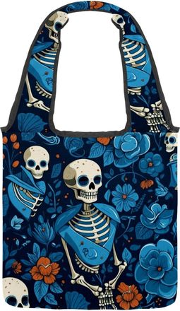 Generic Art Floral Blue Skull Reversible Canvas Shoulder Tote - Double-Sided Print, 12oz Cotton, 27cm Drop, Fold-Flat Bag for Travel, Shopping, Street Outings